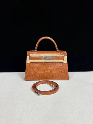 Hermes Mini Kelly 20 Gold Brown Matte Alligator Palladium Hardware