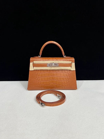 Hermes Mini Kelly 20 Gold Brown Matte Alligator Palladium Hardware