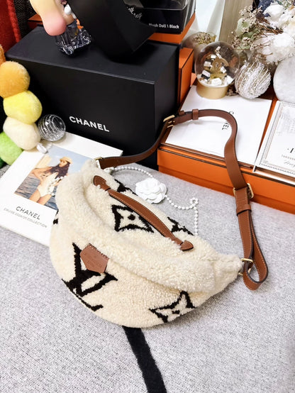 Louis Vuitton beige lamb wool teddy waist bag