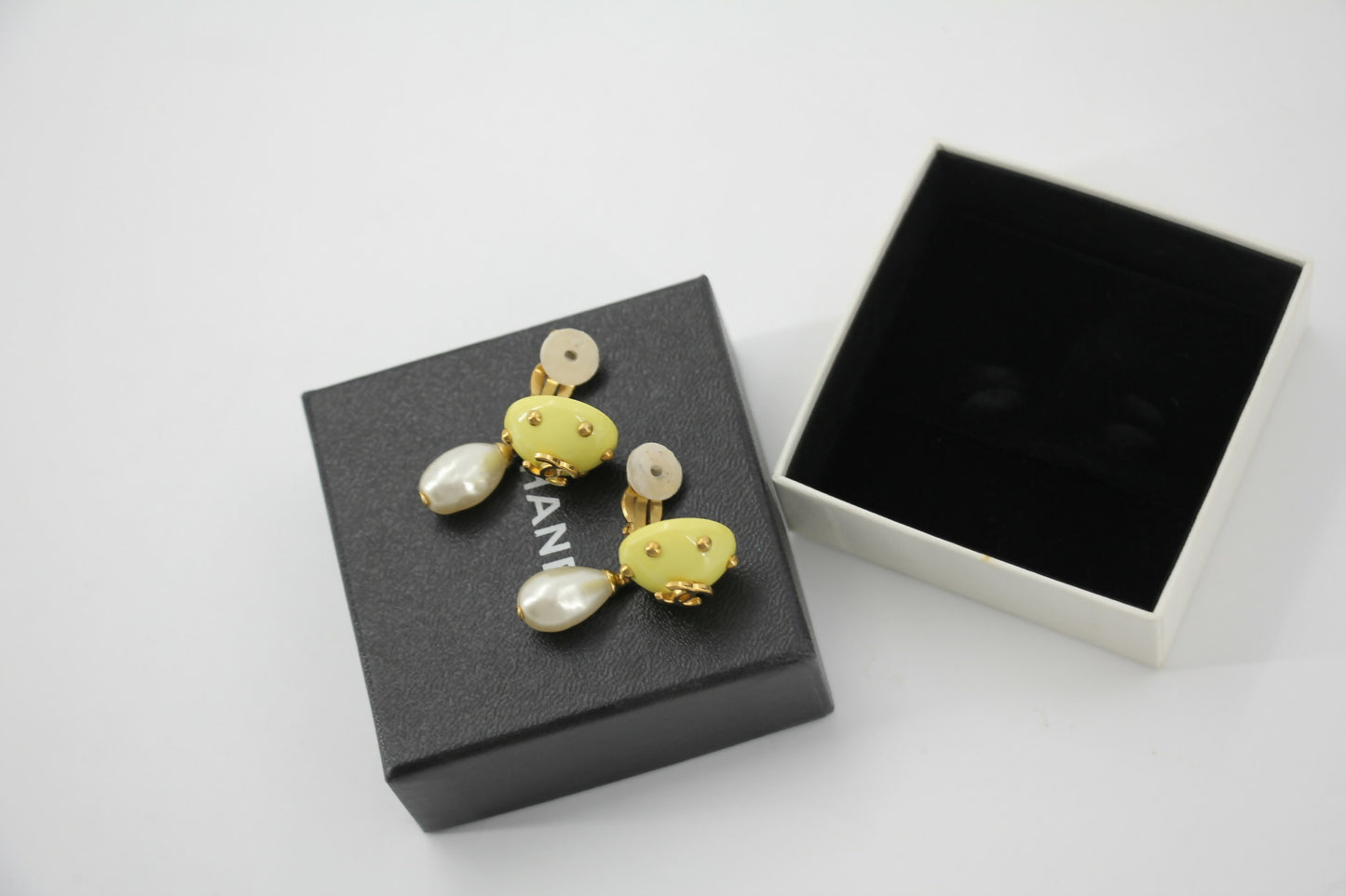 Chanel 96C Resin Dot Yellow Bean Imitation Pearl Dangle Clip-on Earrings