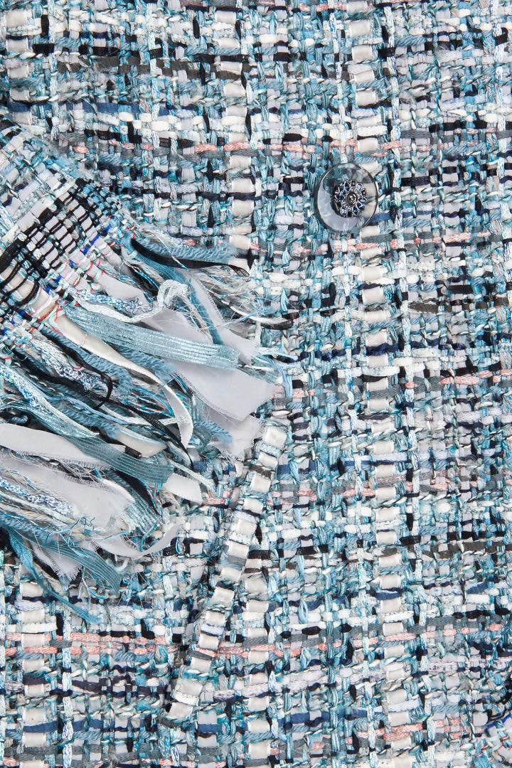 Chanel 17A Paris-Cosmopolite Blue Fantasy Tweed Fringe Jacket FR 44