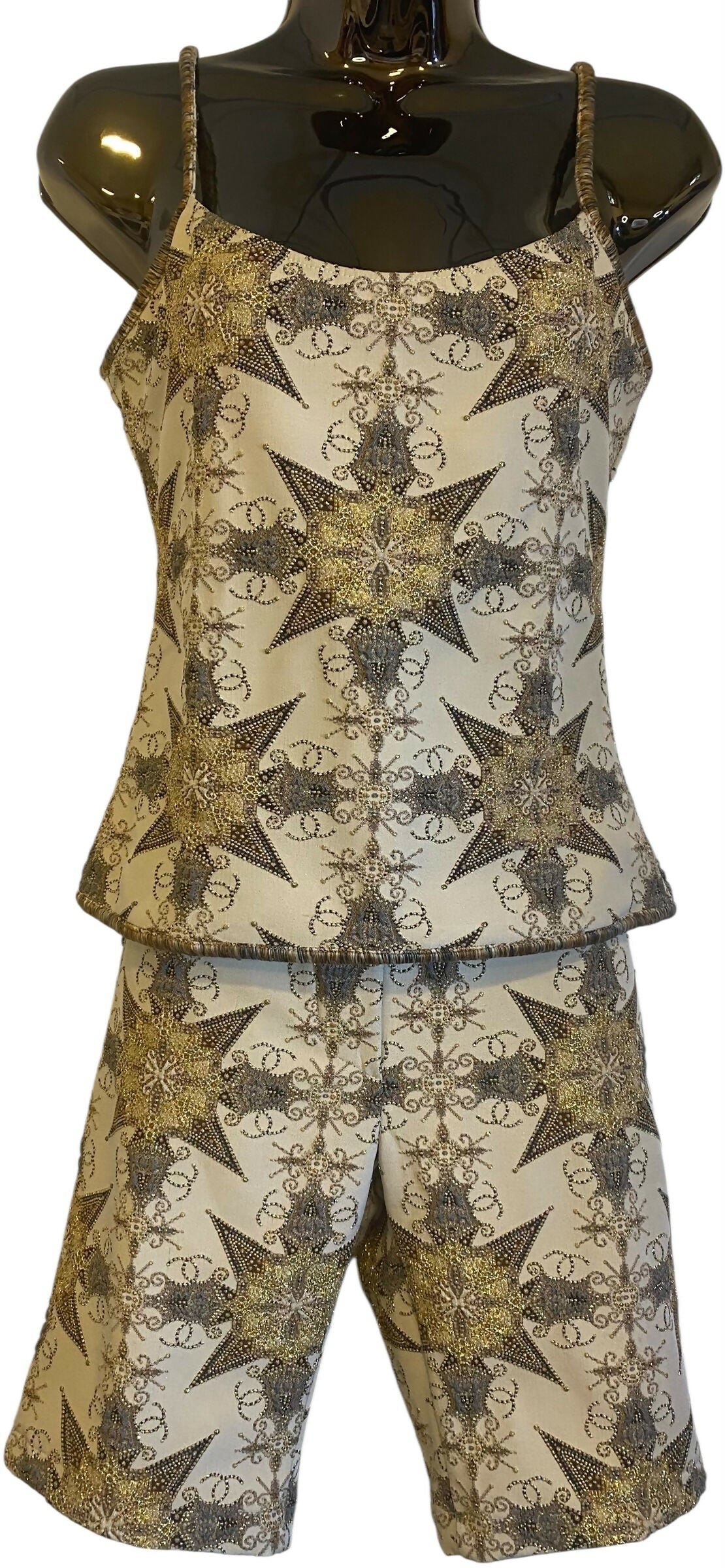 Rare Chanel 06P Ecru Gold Metallic Tank Top Camisole 
Matching Shorts SET FR 38