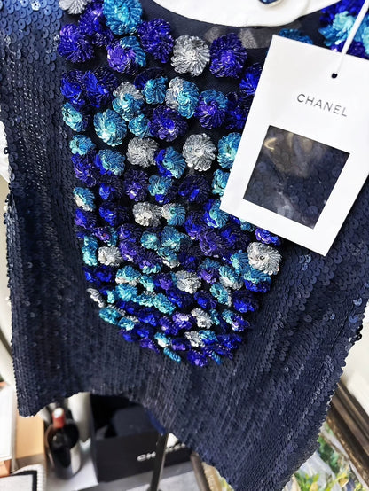 Chanel 23C Blue Sequined Silver Purple Floral Top