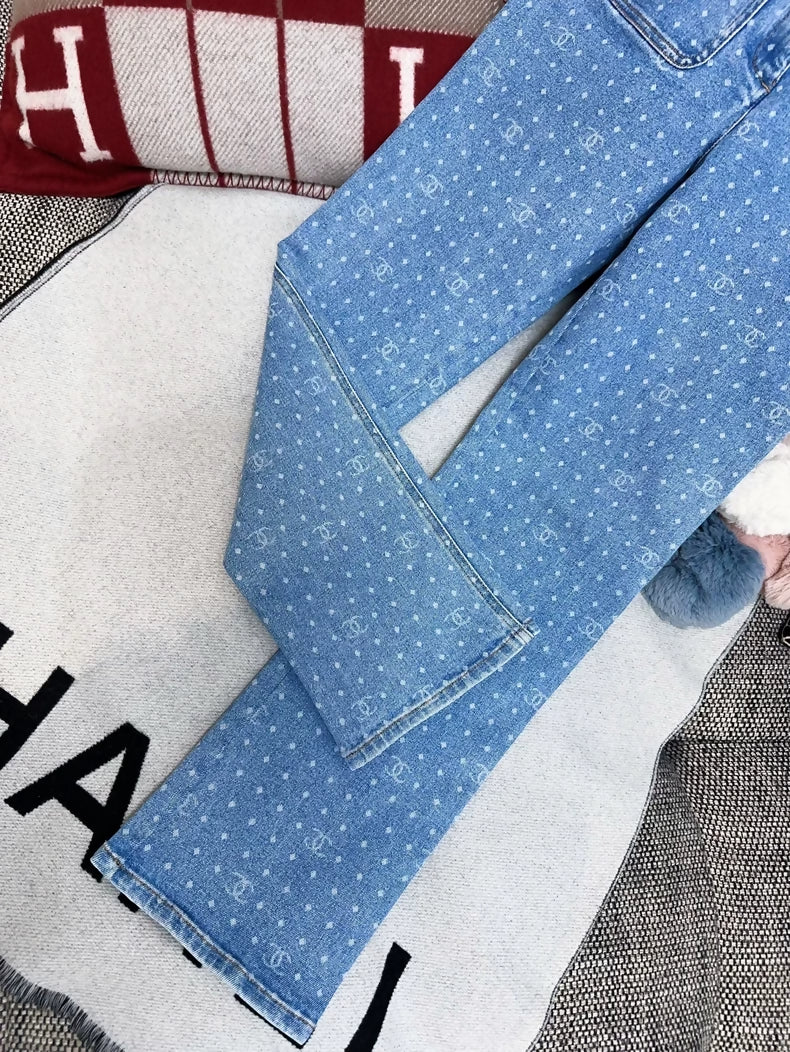 Chanel 23P light blue straight-leg jeans, all-over double C polka dot print