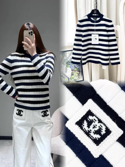 Chanel 26C blue and white striped cashmere top