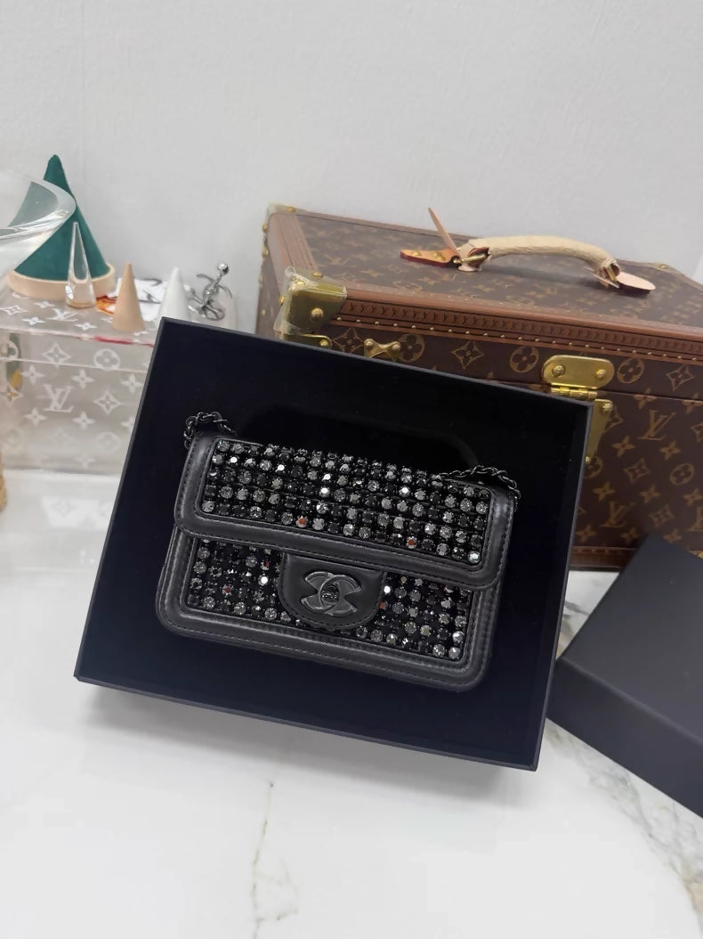 Chanel 24K Evening Bag Mini CF Black Gold Rhinestone Chain Bag