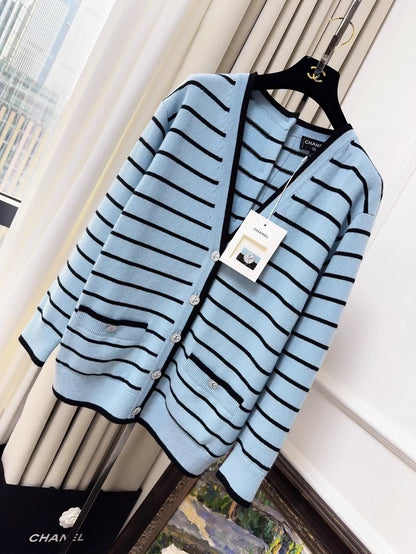 Chanel 25S blue and black striped cardigan