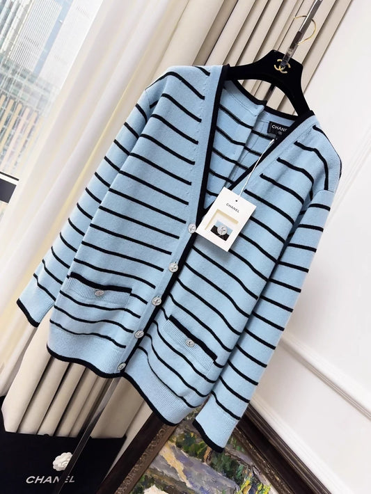 Chanel 25S blue and black striped cardigan