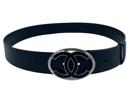 Chanel 2013 Black Silver Oval CC Leather Belt Size 90/36