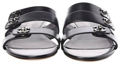Chanel 2017 Black Calfskin CC Turnlock Mule Sandals EU 38C