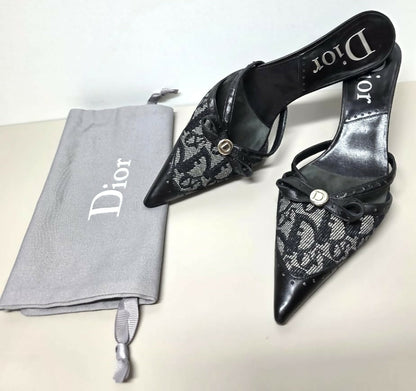 VINTAGE Y2K DIOR TROTTER MONOGRAM BOW POINTED MULE KITTEN HEELS IT 37.5 US 7.5