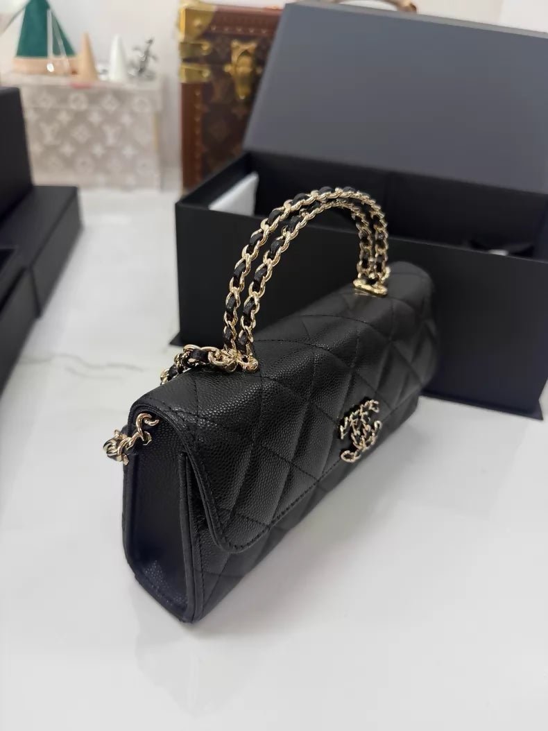 Chanel 25S black leather top handle bag gold hardware