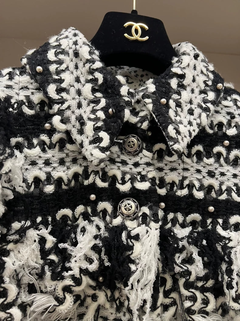 Chanel 14A Dallas series black tweed fringed jacket