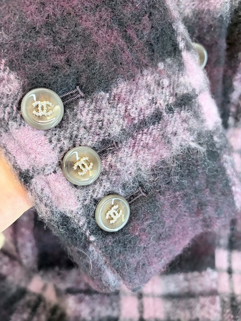 Chanel 24A pinkish-purple tweed cashmere wool plaid coat