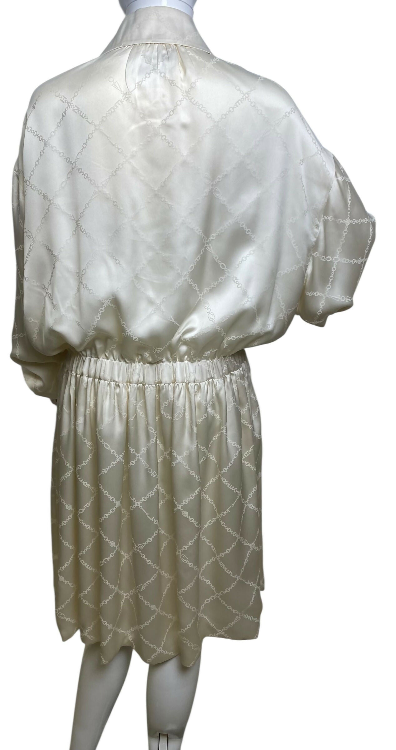 Chanel 22B Ecru Jacquard Silk CC Logo Velvet Bow Blouson Dress FR 40