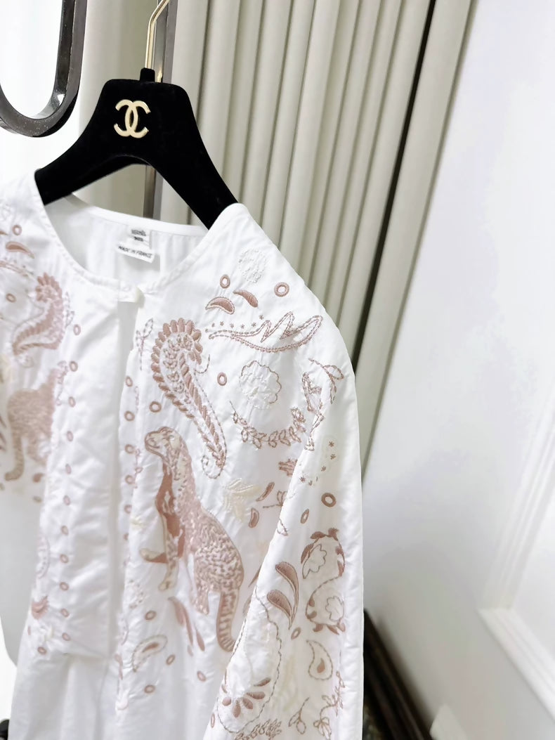 Hermes 2025 white bohemian-style embroidered shirt