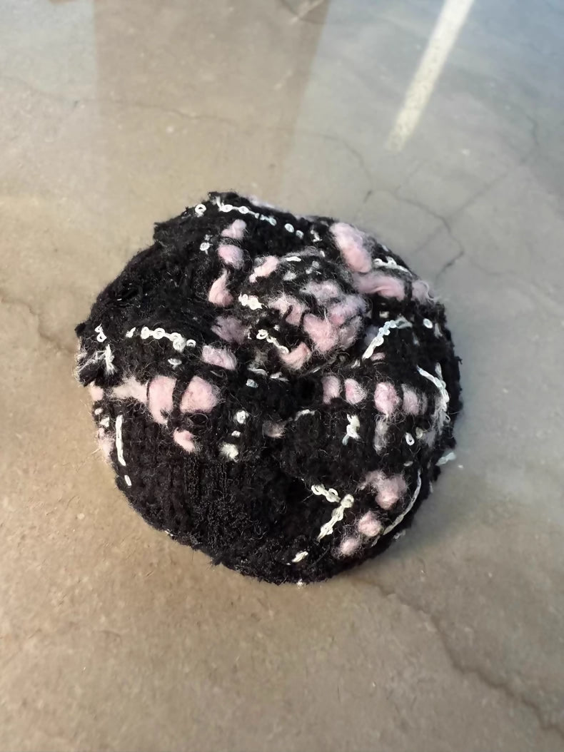 Chanel 25B pink and black tweed camellia brooch