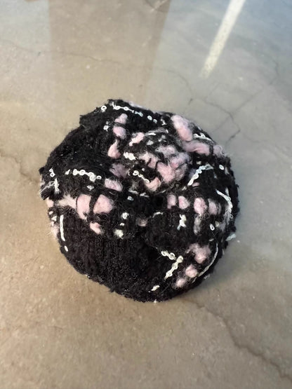 Chanel 25B pink and black tweed camellia brooch