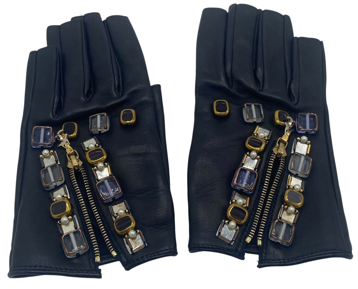 RARE New Chanel 11A Paris Byzance Black Leather Stones Gloves Size 7