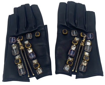 RARE New Chanel 11A Paris Byzance Black Leather Stones Gloves Size 7