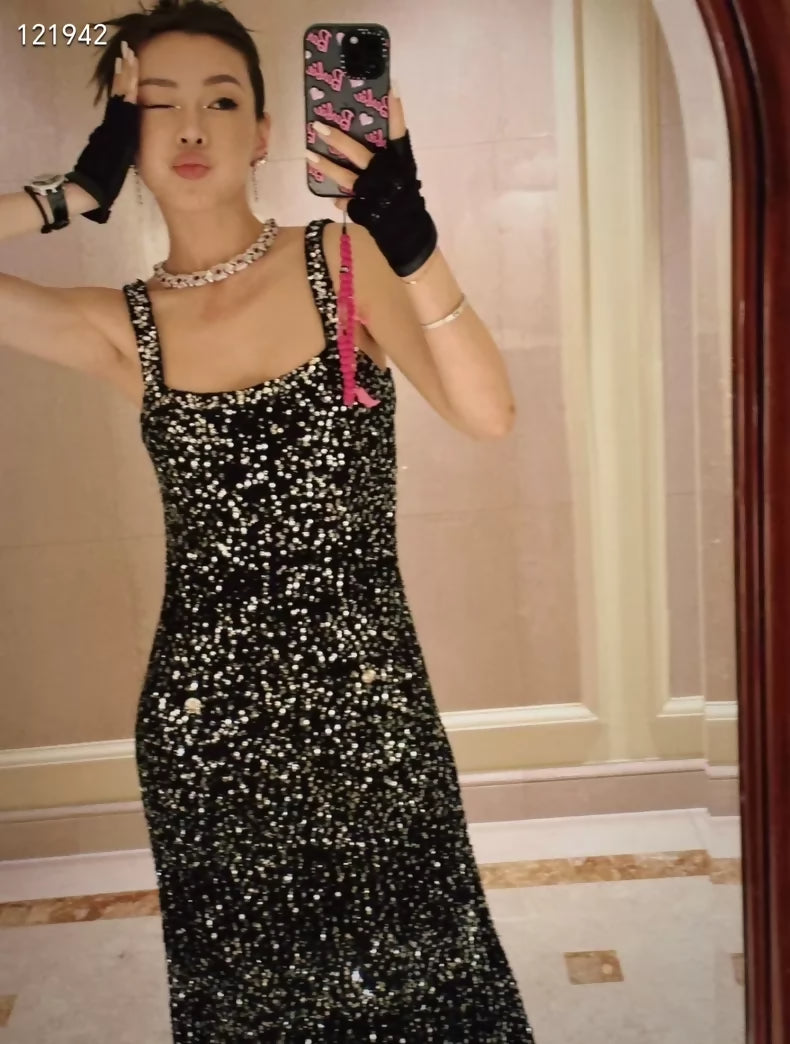 Chanel 23C black sequined tweed dress