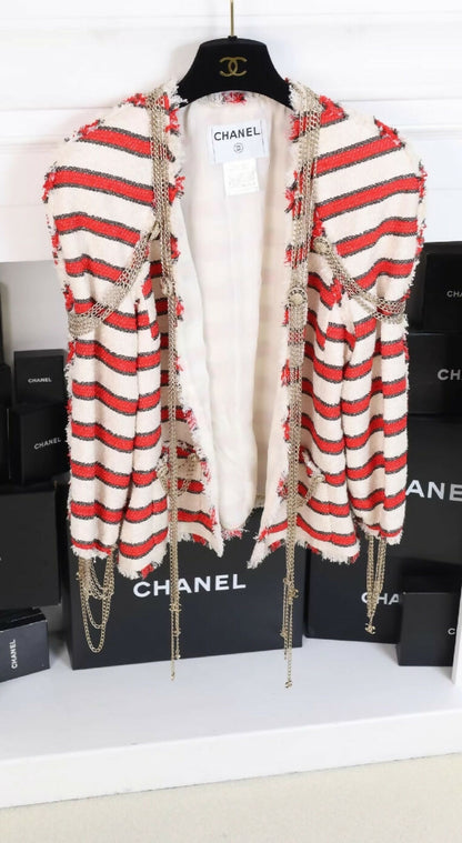 Chanel 2008 red and white striped chain jacket