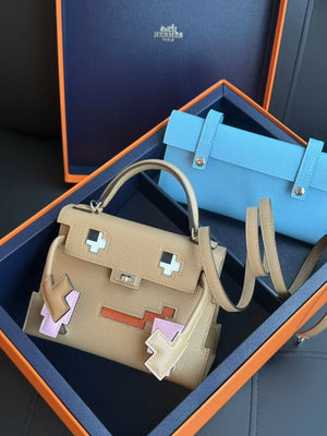 Hermès Kelly Doll (Quelle Idole) Mosaic Edition Biscuit / Milk Tea Leather with Rose Confetti Feet & Accent Palladium Hardware  (Limited Edition)