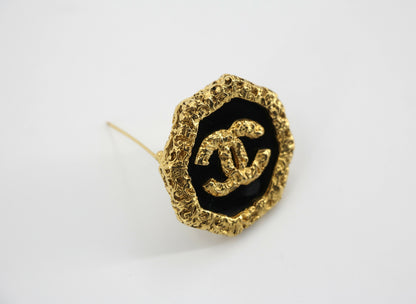 Chanel Vintage 93A Lava Octagonal CC Logo Black and Gold Tone Brooch
