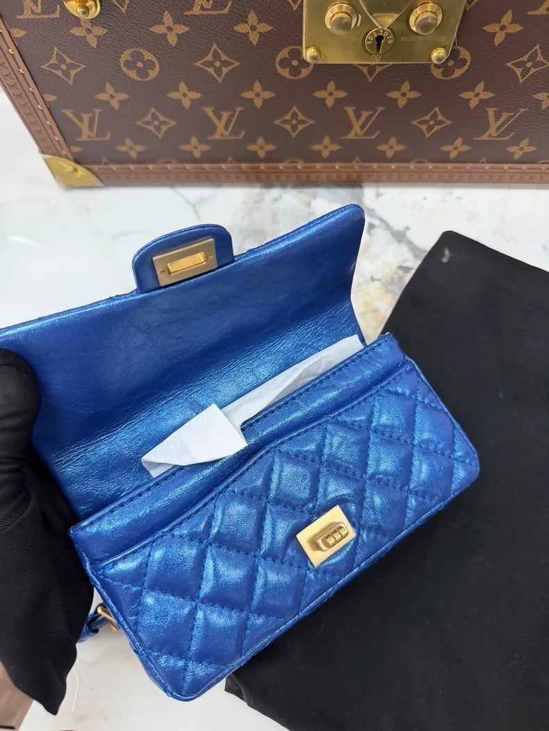 Chanel 2.55 Blue and Gold Vintage Pleated Leather Chain Bag