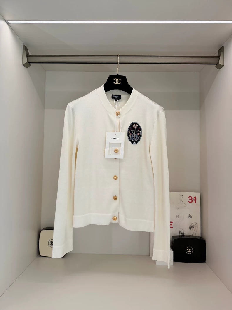 Chanel 26B white cardigan with floral embroidery