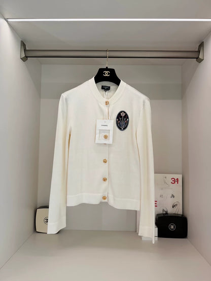 Chanel 26B white cardigan with floral embroidery