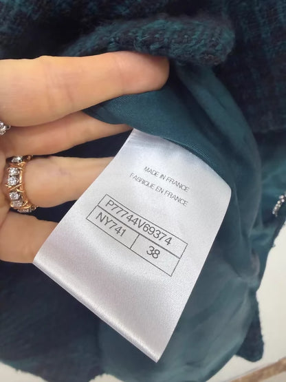 Chanel 24A dark green plaid enamel tweed jacket