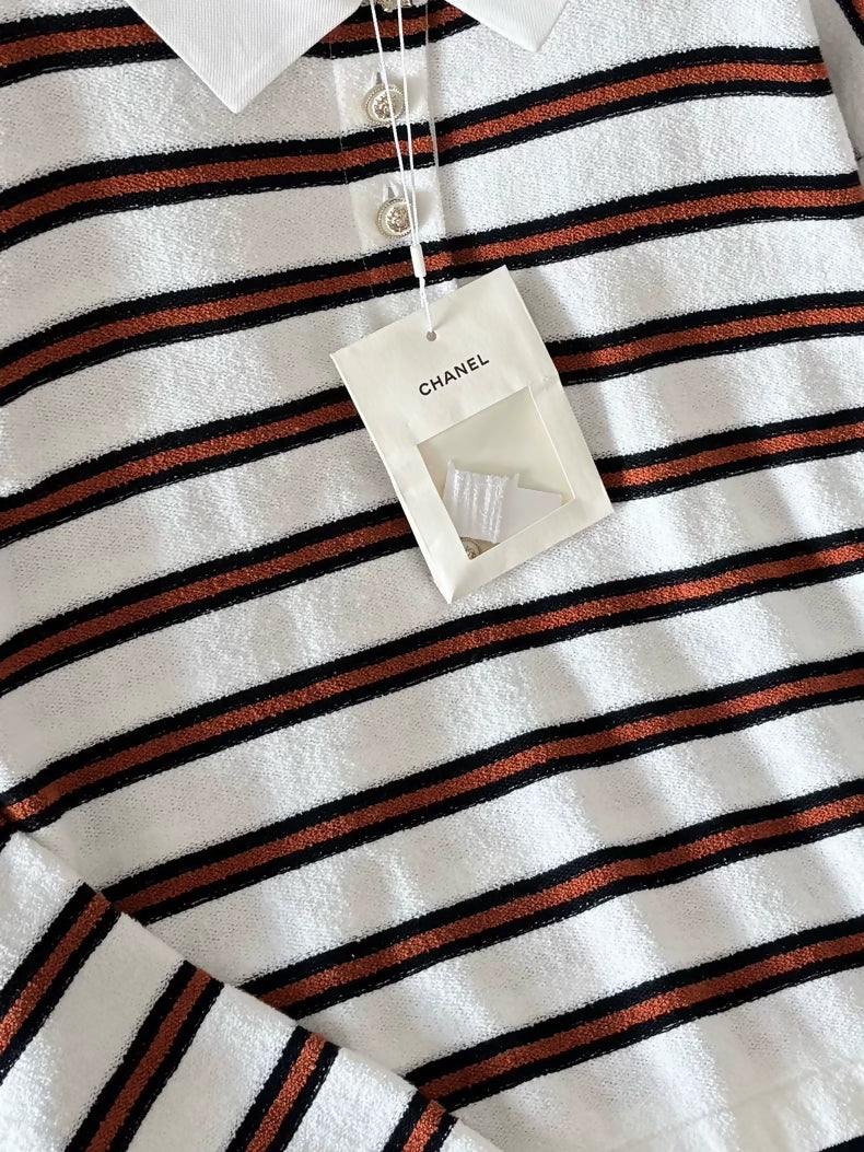 Chanel 26C Brown Striped Polo Top