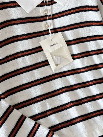 Chanel 26C Brown Striped Polo Top