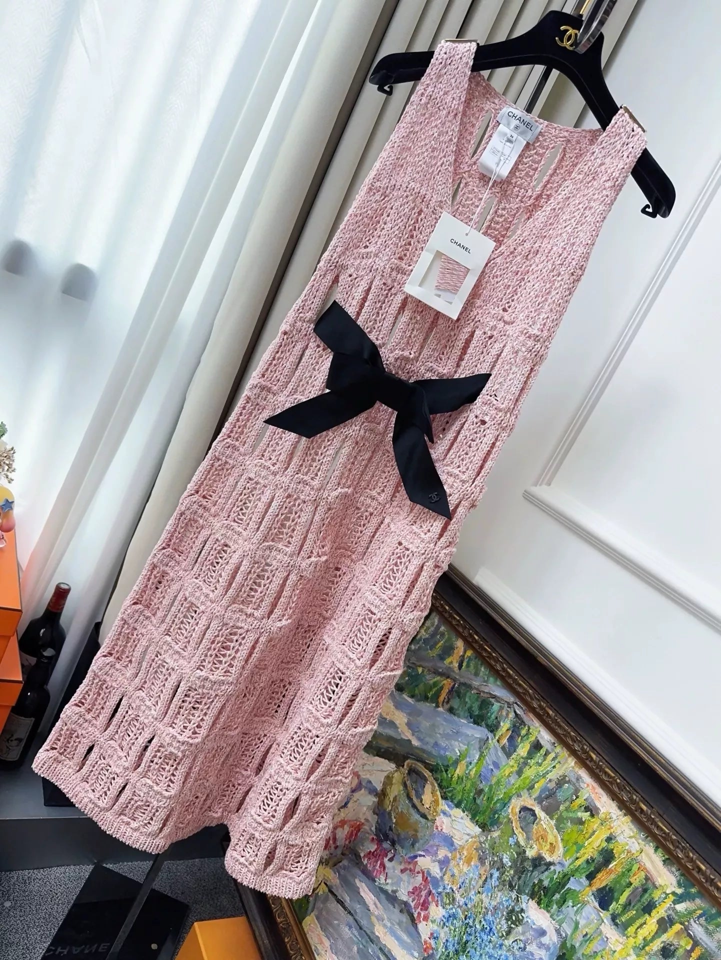 Chanel 25s pink knitted bow belt dress