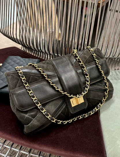 Chanel black Suede/leather 2.55 shoulder bag with gold hardware