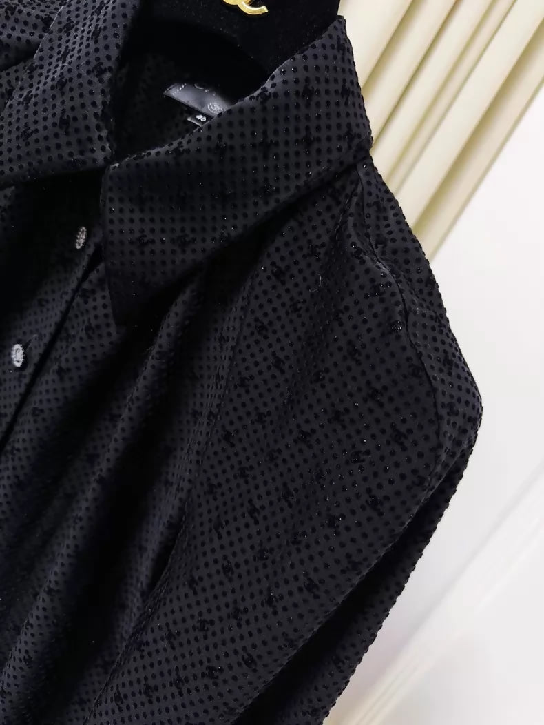 Chanel 24b black velvet polka dot shirt with subtle logo print and shimmer