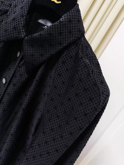 Chanel 24b black velvet polka dot shirt with subtle logo print and shimmer
