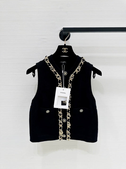 Chanel 24A black and gold cashmere vest with chain