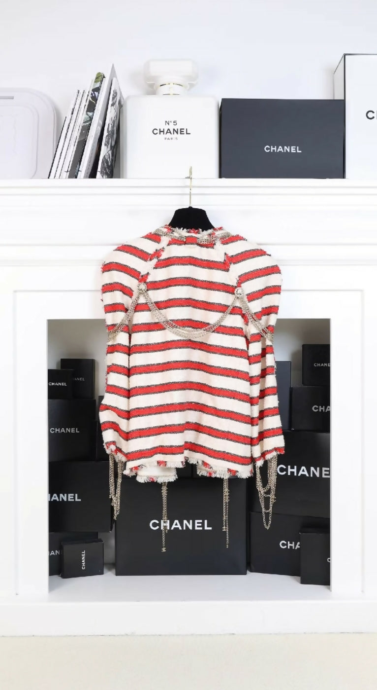 Chanel 2008 red and white striped chain jacket