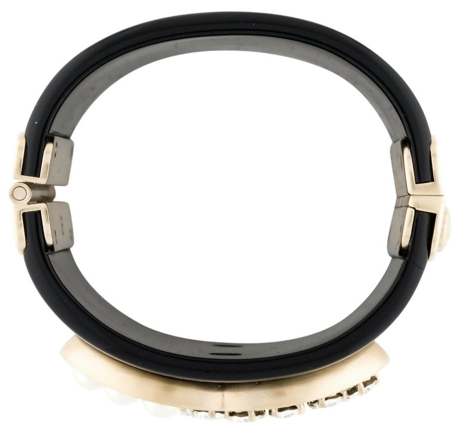 Chanel Iconic 14B Crystal & Pearl CC Wide Black Cuff Bracelet GHW