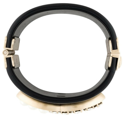 Chanel Iconic 14B Crystal & Pearl CC Wide Black Cuff Bracelet GHW