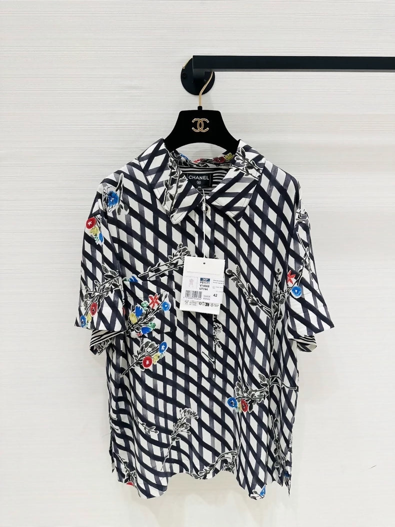 Chanel 26P black and white graffiti check silk top, F42