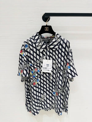 Chanel 26P black and white graffiti check silk top, F42
