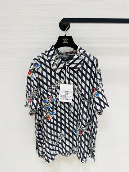 Chanel 26P black and white graffiti check silk top, F42