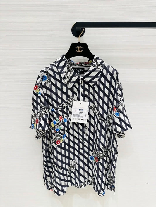 Chanel 26P black and white graffiti check silk top