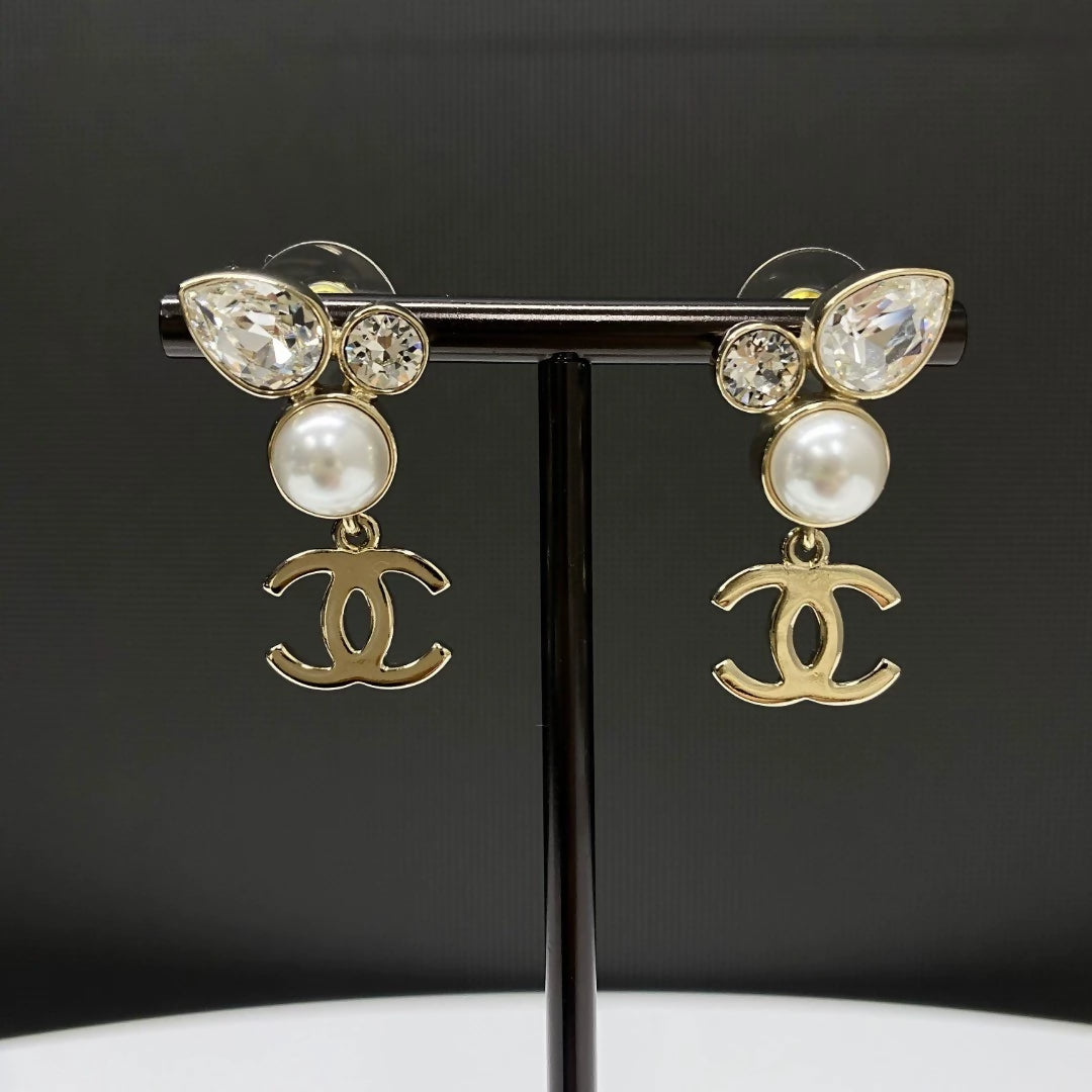 Chanel 22A water drop rhinestone pearl earrings