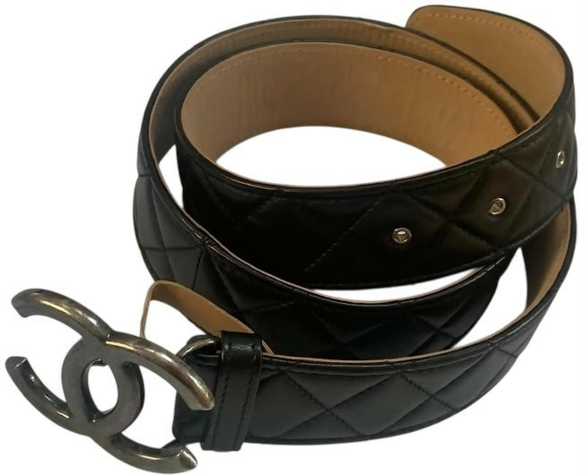 Chanel 10A Black Quilted Lambskin Ruthenium Silver CC Logo Belt 90/36