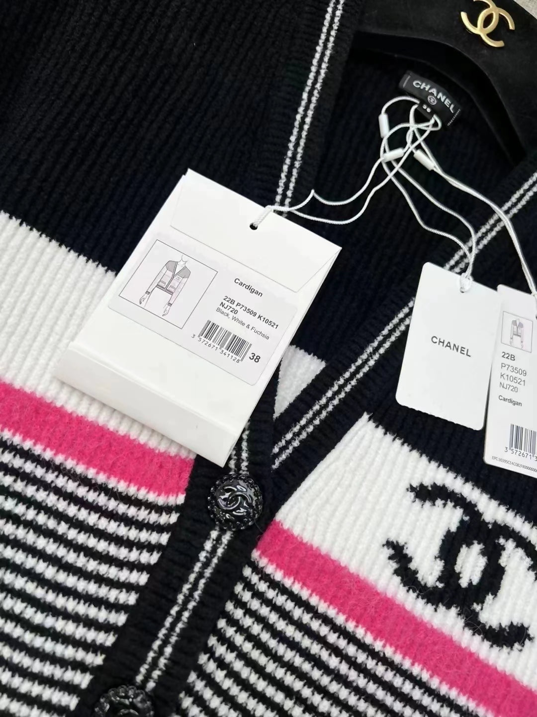 Chanel 22B black and white striped double C knit cardigan