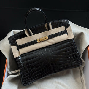 Hermès Birkin 25 Noir Shiny Niloticus Crocodile with Gold Hardware